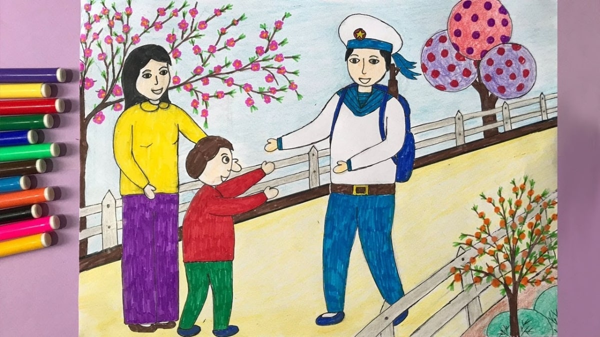 Tranh vẽ chú bộ đội cùng vợ con đón Tết