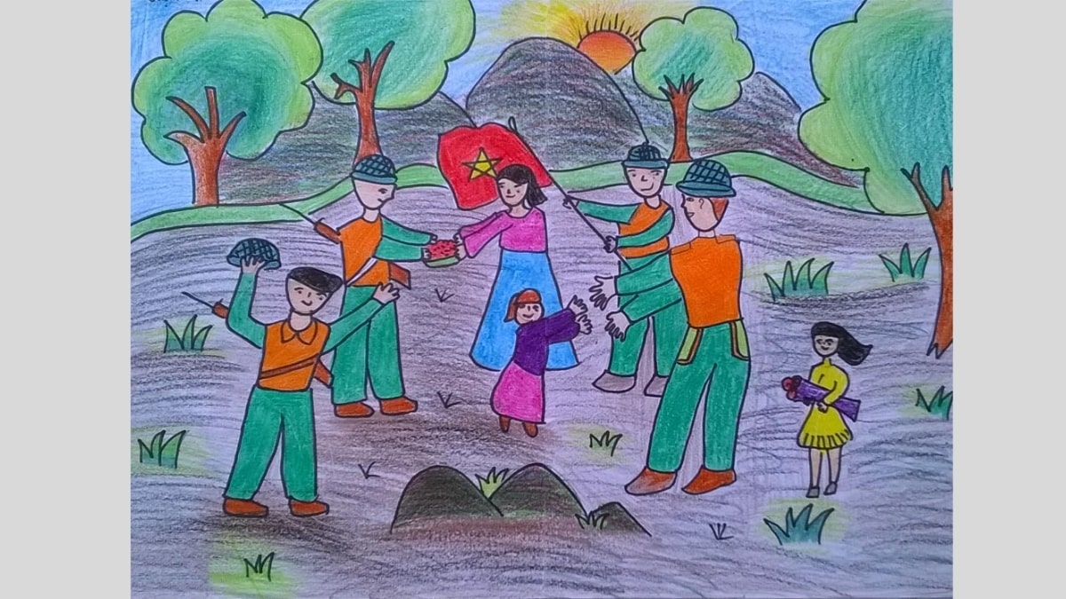 Tranh vẽ chú bộ đội và người dân cùng nhau đón Tết