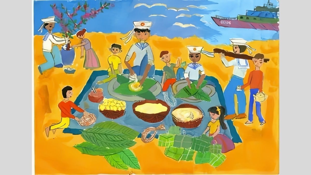 Tranh vẽ chú bộ đội với dân trang trí dọn dẹp nhà cửa đón Tết