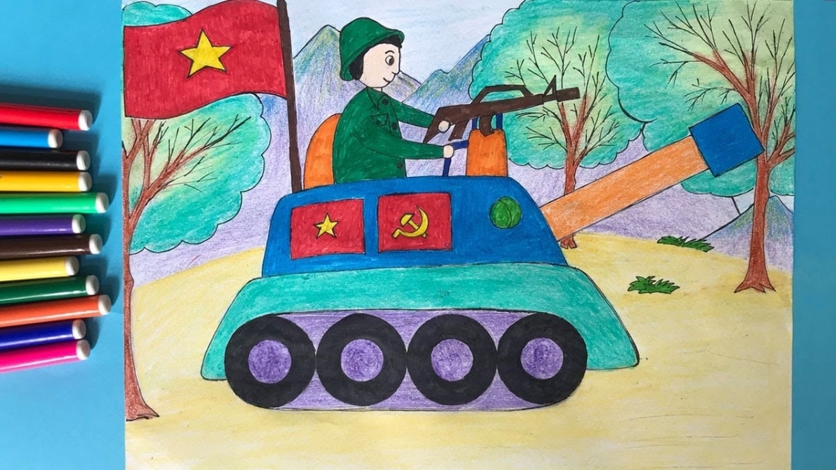 Tranh vẽ chú bộ đội ngồi trên xe tăng cầm súng