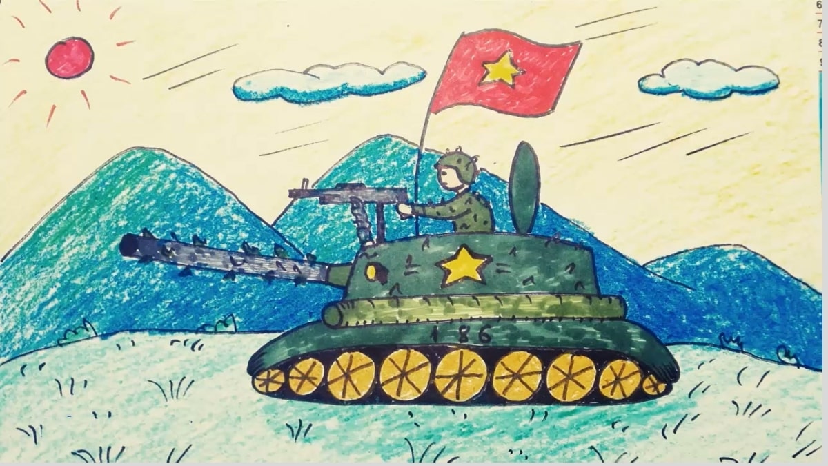 Tranh vẽ chú bộ đội và xe tăng trong một buổi trời mưa bão