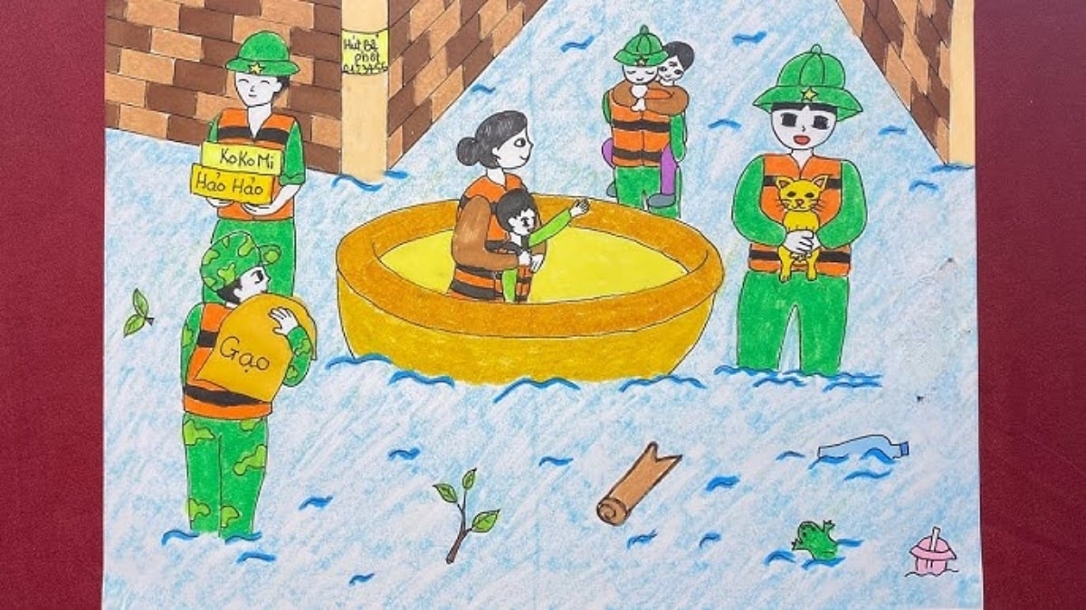 Tranh vẽ chú bộ đội nhanh chóng sơ tán người dân vùng lũ