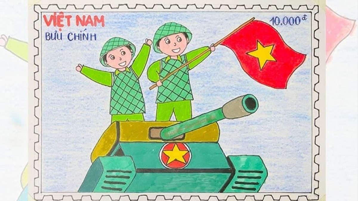 Tranh vẽ chú bộ đội đang dương cao lá cờ Tổ Quốc