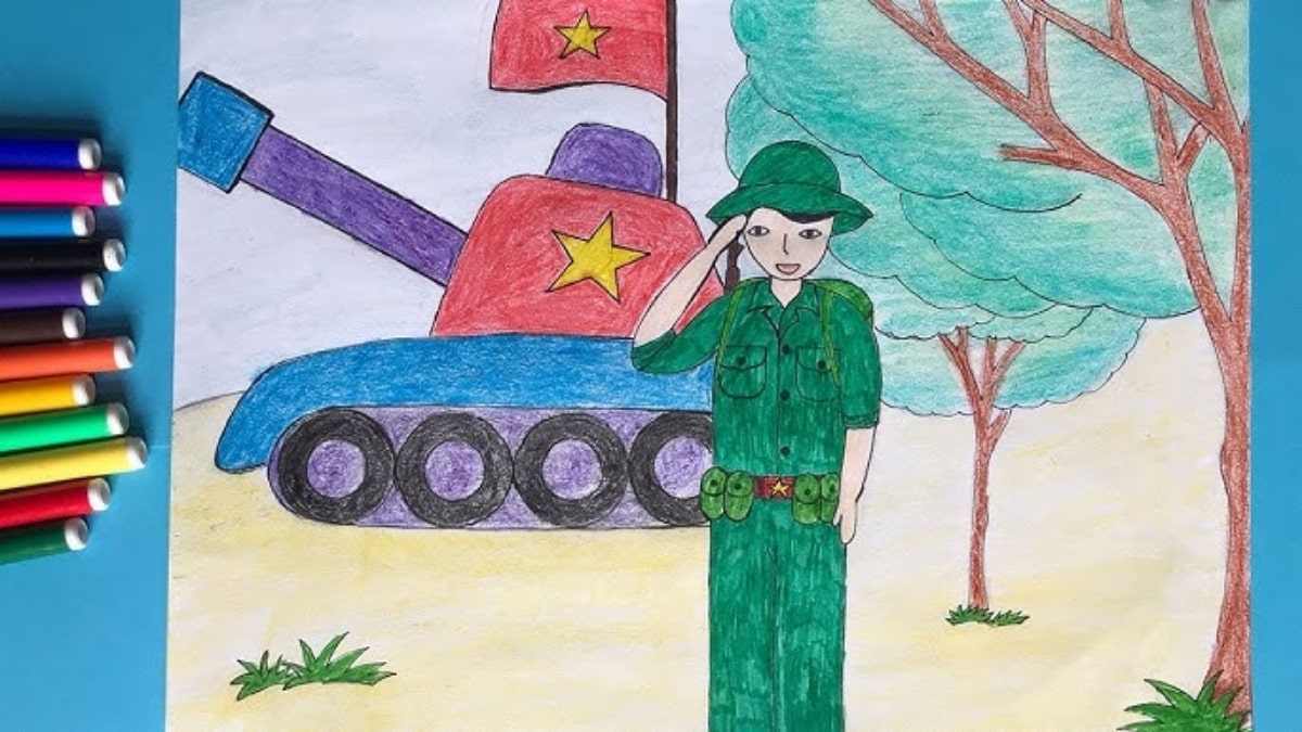 Tranh vẽ chú bộ đội đang nghiêm chỉnh chào đoàn xe