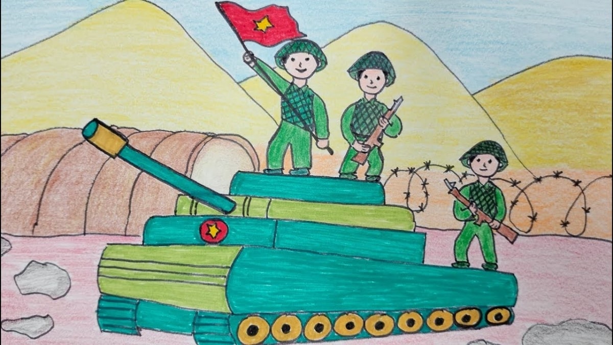 Tranh vẽ chú bộ đội đang phất cờ uy nghiêm