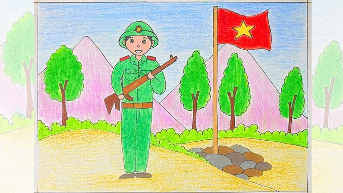 Tranh vẽ chú bộ đội đang cầm súng đứng gác dưới ngọn cờ đỏ sao vàng