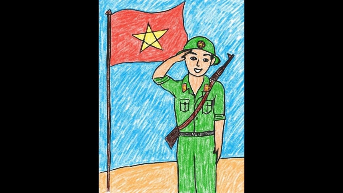 Tranh vẽ chú bộ đội đang chào cờ chỉnh tề
