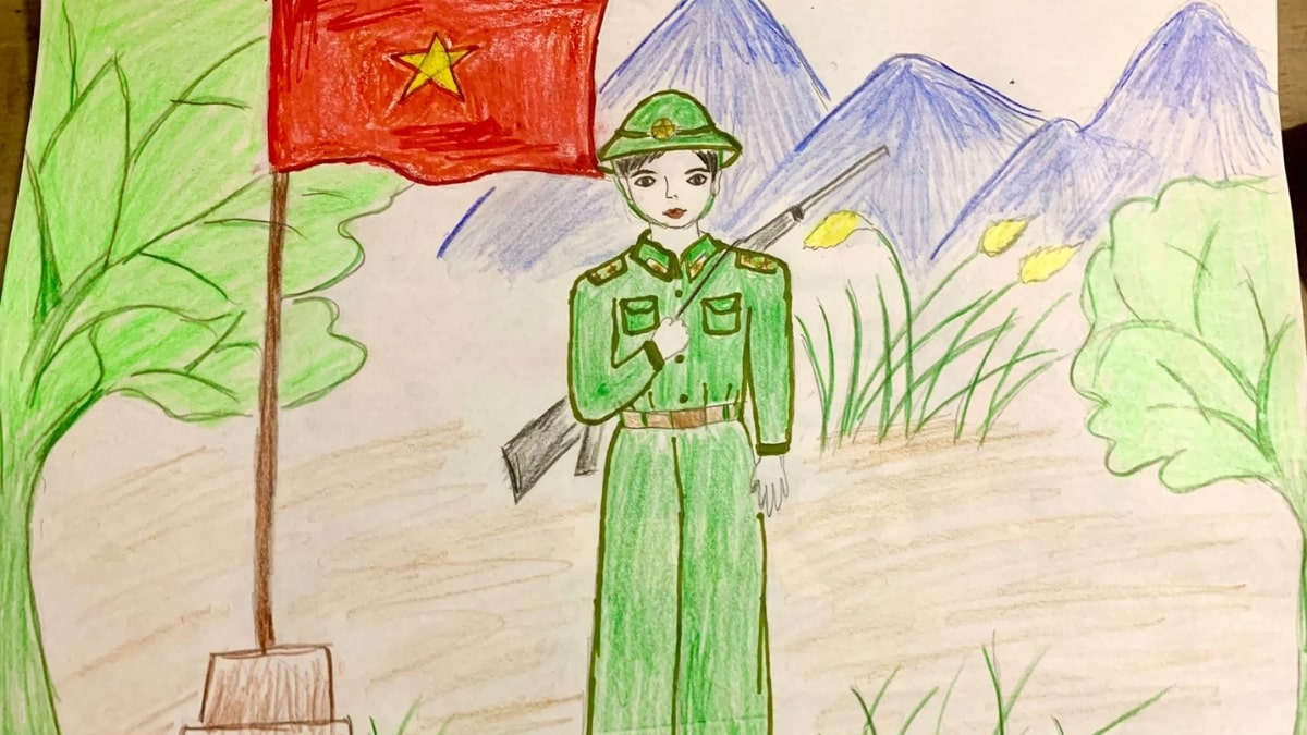 Tranh vẽ chú bộ đội đang làm nhiệm vụ canh gác