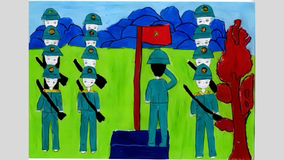 Tranh vẽ chú bộ đội đang chào cờ cùng các đồng đội