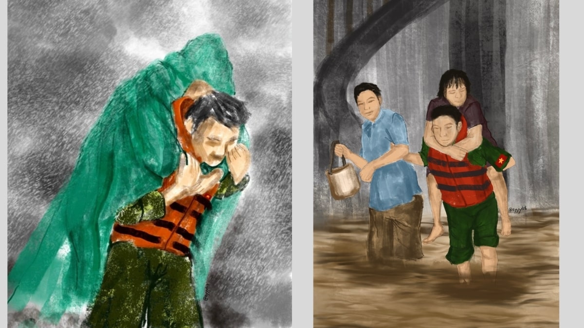 Tranh vẽ chú bộ đội đang cõng người dân sơ tán