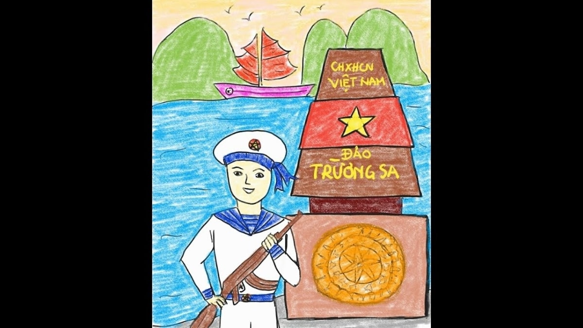 Tranh vẽ chú bộ đội hải quân đang đứng gác nghiêm chỉnh