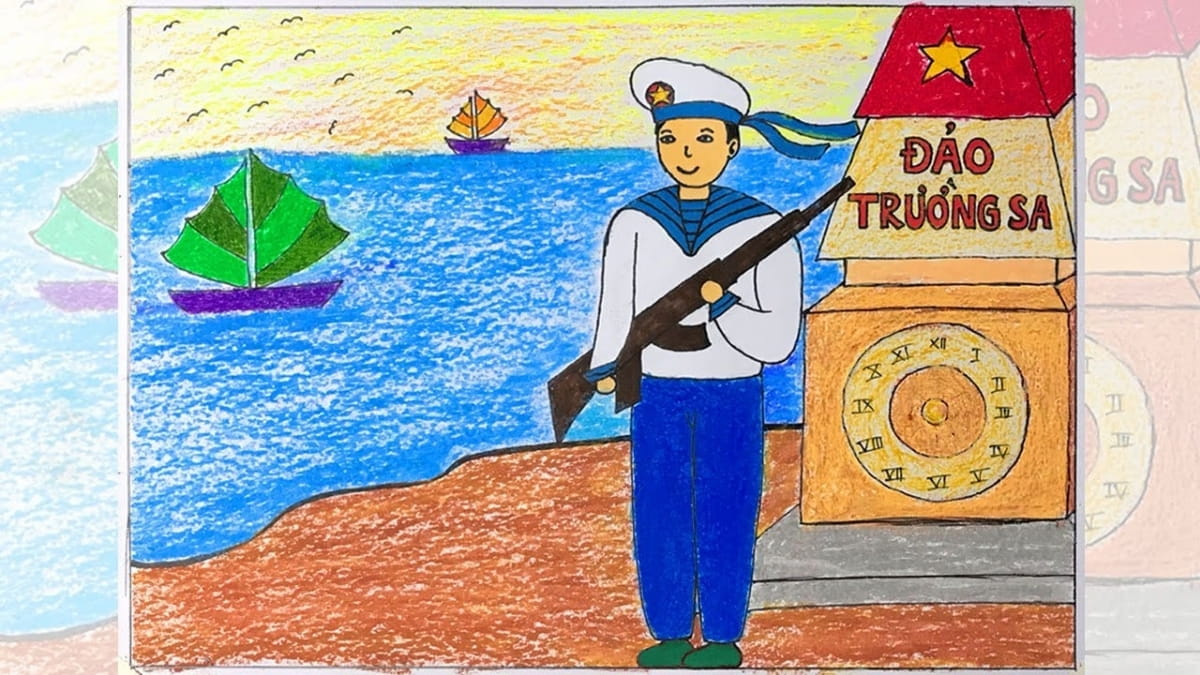 Tranh vẽ chú bộ đội hải quân đang canh gác biển trời nước nhà