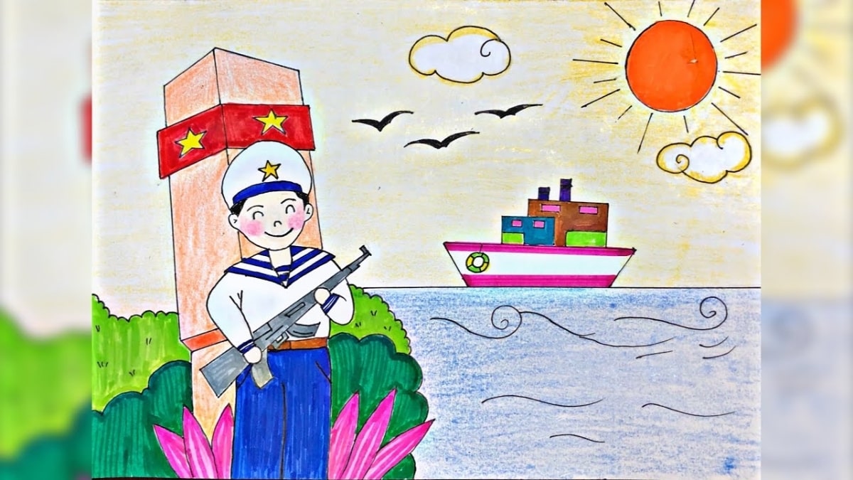 Tranh vẽ chú bộ đội hải quân đang đứng canh gác giữa biển trời mênh mông