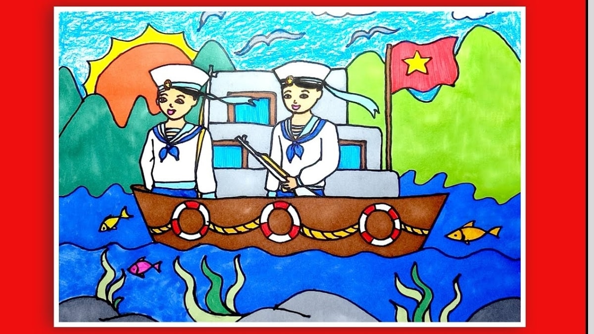 Tranh vẽ chú bộ đội hải quân đang trò chuyện trên thuyền
