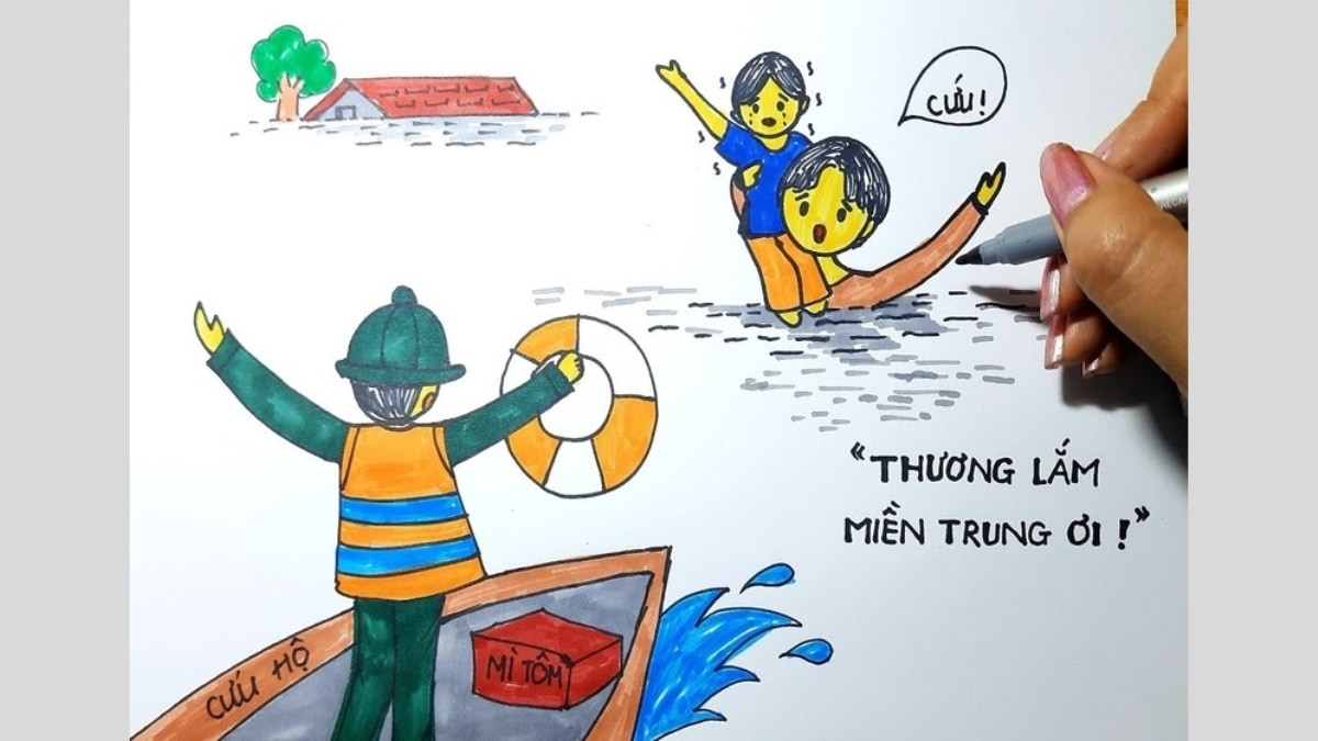 Tranh vẽ chú bộ đội chèo thuyền cứu dân