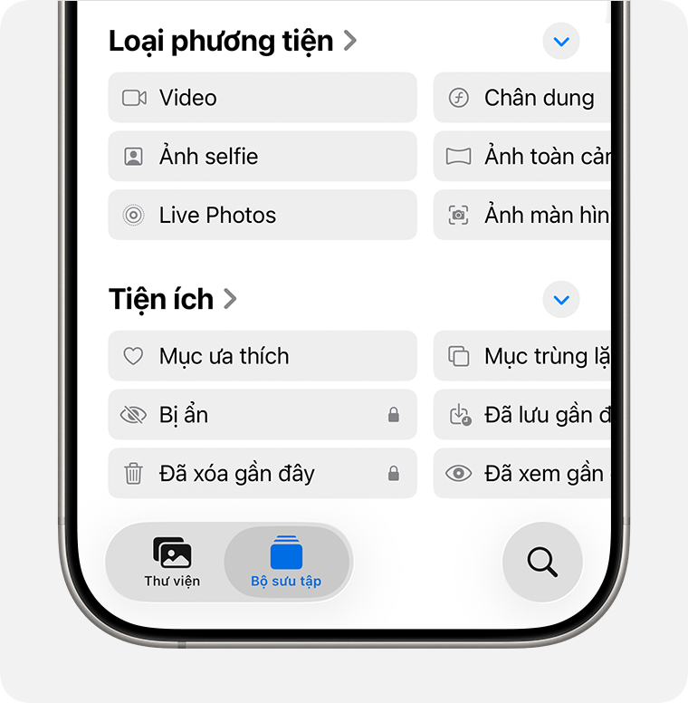 Album Bị ẩn được đánh dấu trong mục Tiện ích.