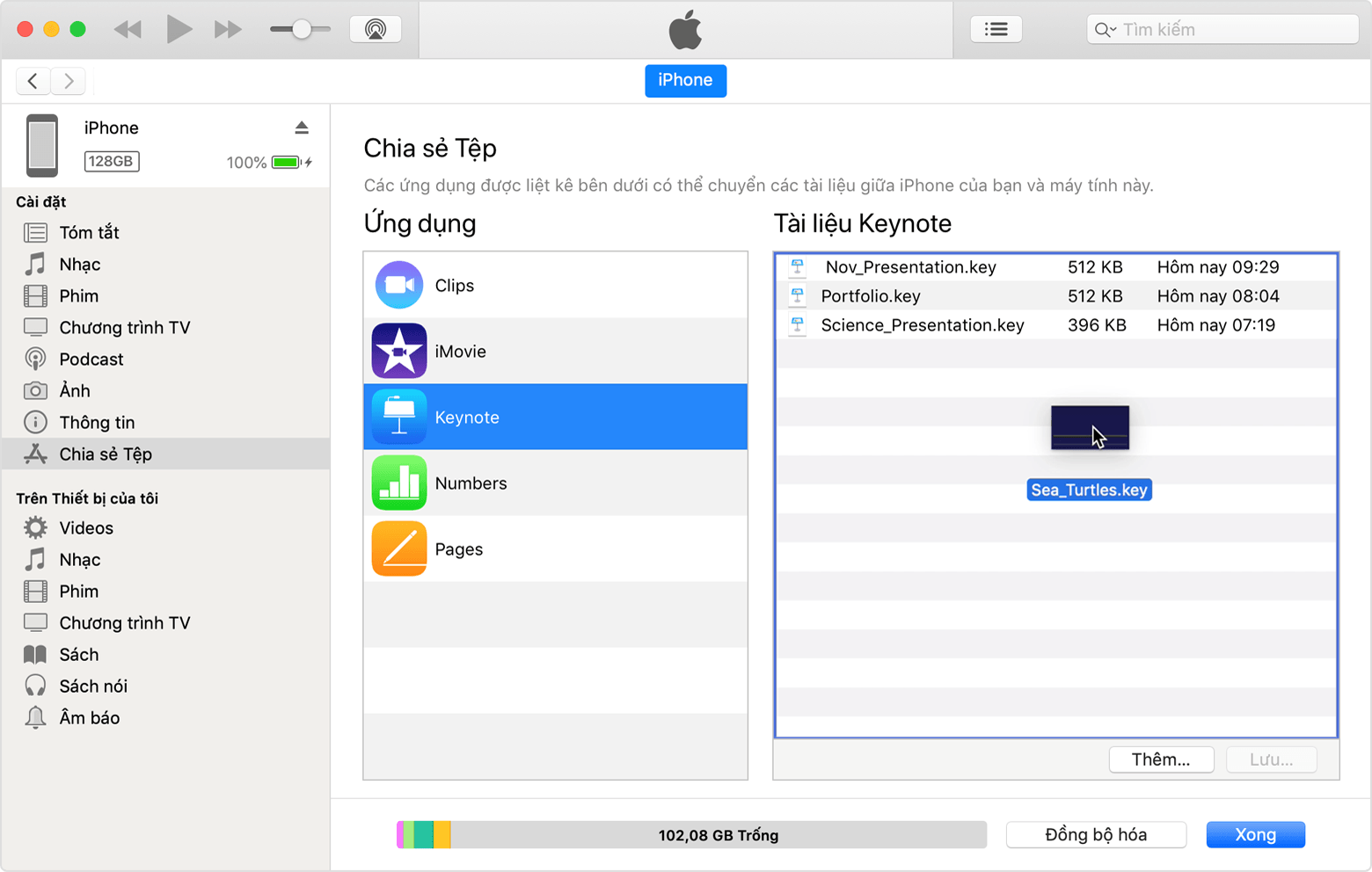 Thả tệp được kéo vào Tài liệu Keynote.