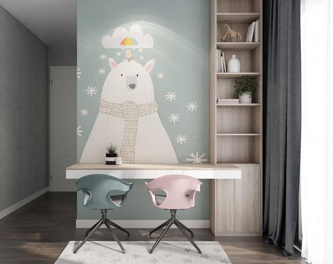 Ý tưởng decor góc học tập với hình chú gấu sơn tường đầy năng động (Nguồn: Sưu tầm)