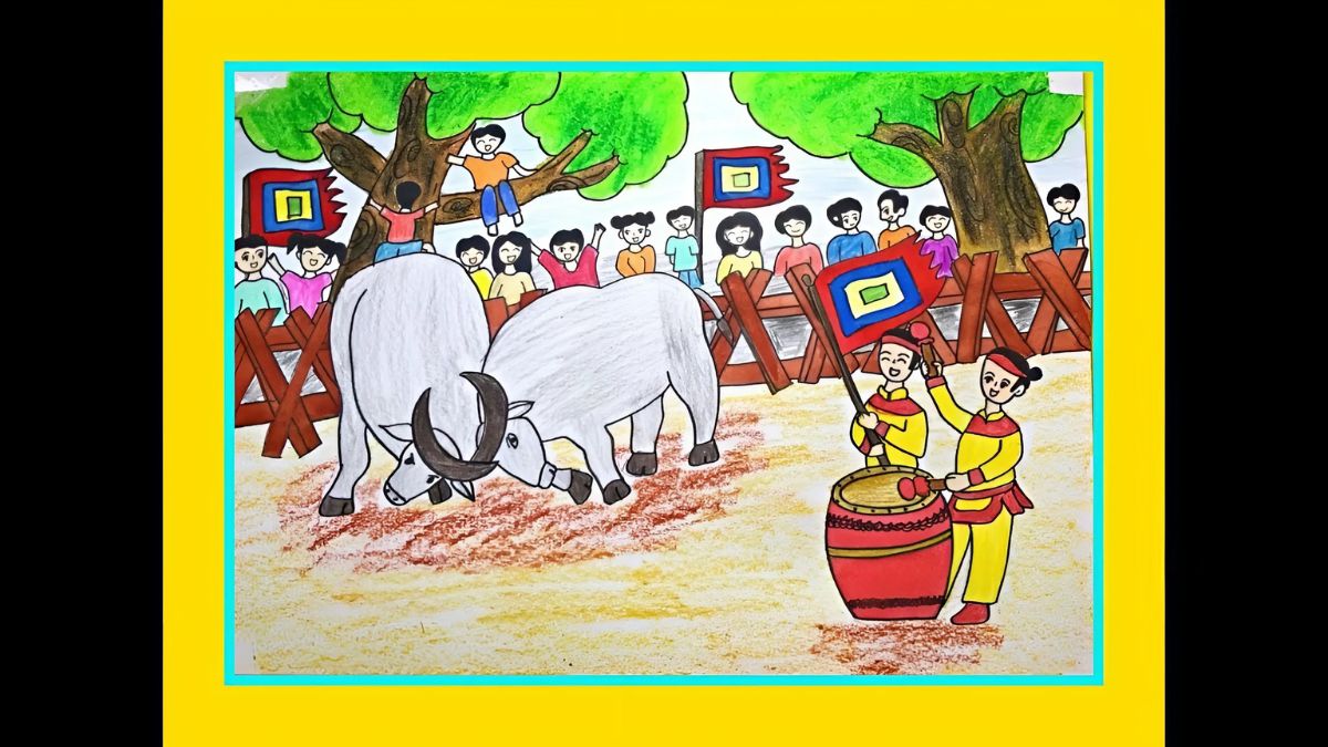 Vẽ tranh lễ hội chọi trâu đơn giản đẹp nhất