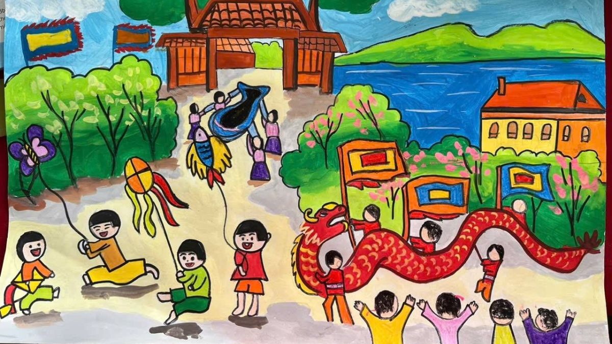 Vẽ tranh lễ hội mùa xuân có chợ Tết và cây nêu