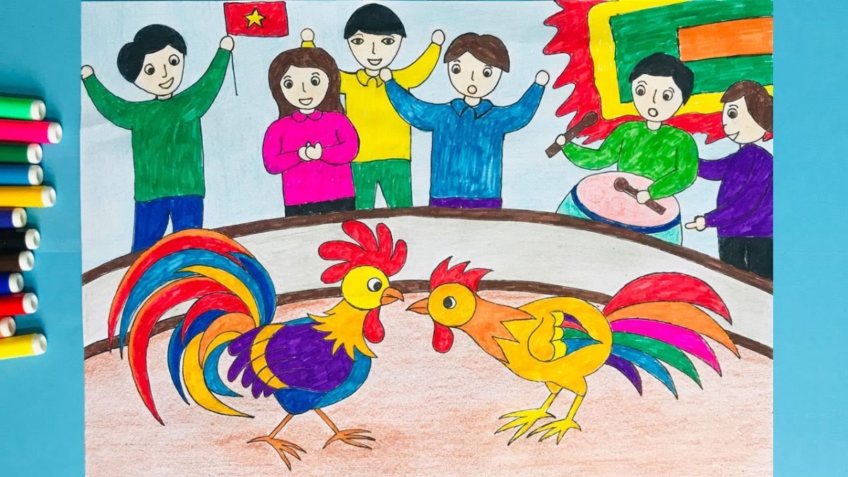 Vẽ tranh lễ hội chọi gà đơn giản
