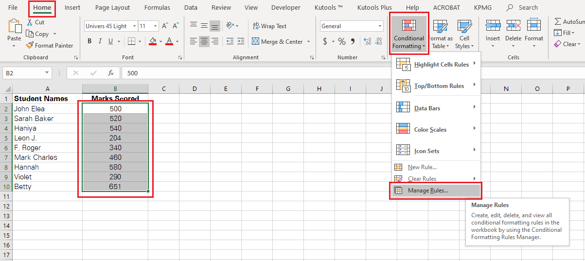 Accessing the Conditional Formatting rule from the home tab