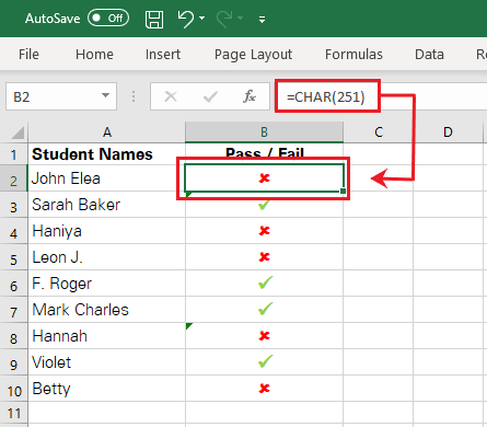 Checkmarks added to Excel using the CHAR function