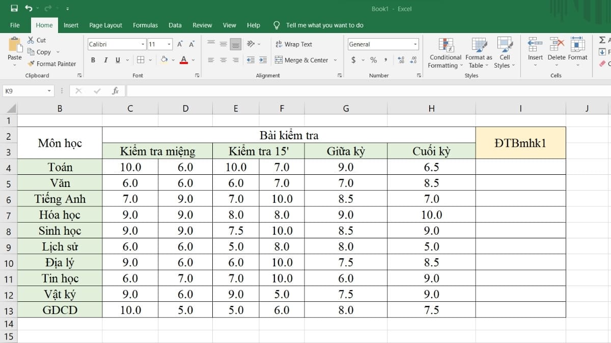 Cách tính điểm trung bình môn bằng Excel