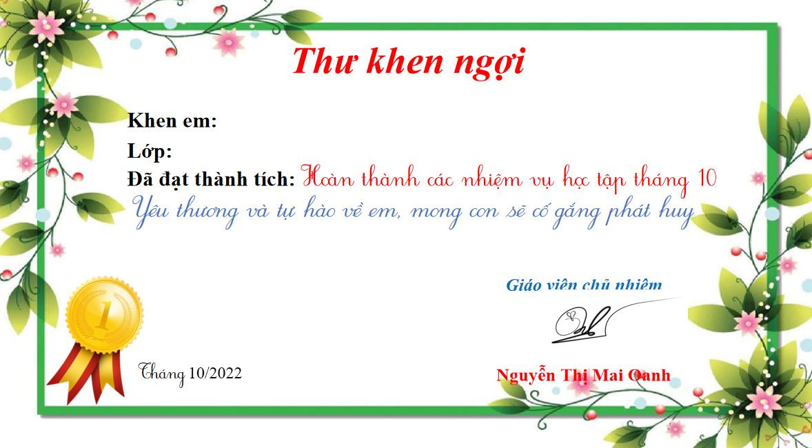 Tải mẫu thư khen học sinh tiểu học