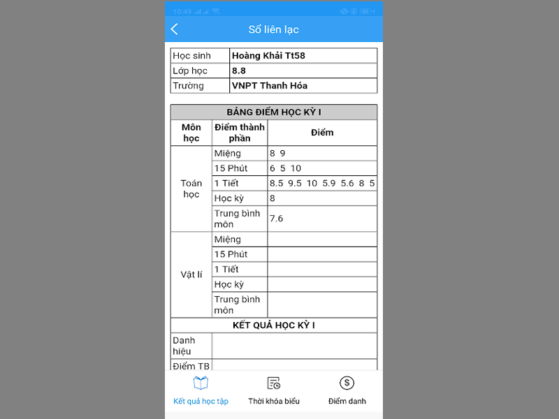 Bước 3: Tiếp theo, phụ huynh nhập hoặc click chọn tên con của mình để tra cứu.