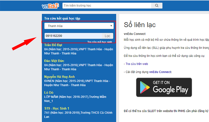 Bước 2: Tiếp theo, phụ huynh chọn tỉnh thành và nhập số điện thoại hoặc mã số học sinh và nhấn Lọc để tra cứu.