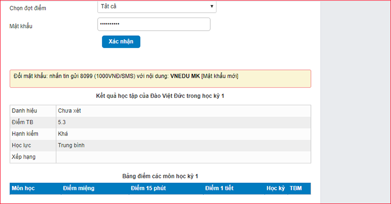 Cuối cùng mà hình sẽ hiện ra các thông tin điểm trung bình, học lực, hạnh kiểm của học sinh.