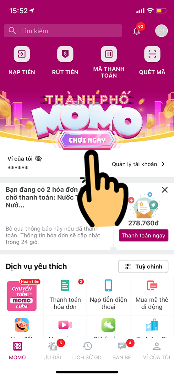 Nhấn Chơi ngay tại banner Thành phố MoMo