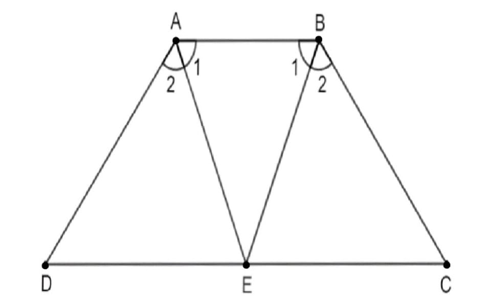 Hai tia phân giác của hai góc A, B của hình thang cân ABCD (AB // CD) cắt nhau tại điểm E trên cạnh đáy CD. Chứng minh rằng EC = ED