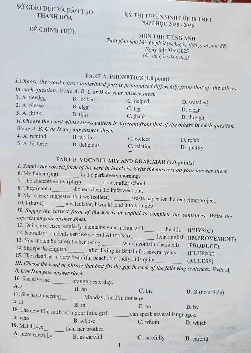 Đề thi vào lớp 10 môn Anh Thanh Hóa 2025