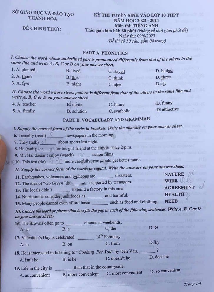 Đề thi vào 10 môn Anh Thanh Hóa 2023