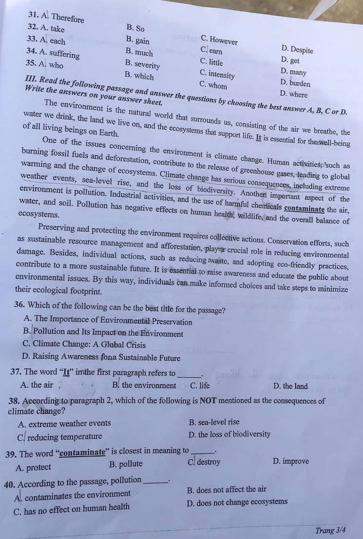 Đề thi vào 10 môn Anh Thanh Hóa 2023
