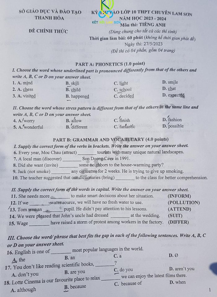 Đề thi vào 10 chuyên Lam Sơn Thanh Hóa môn Anh 2023