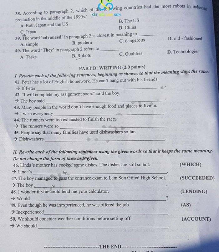 Đề thi môn Tiếng Anh vào lớp 10 Thanh Hóa năm 2022 đầy đủ nhất 0