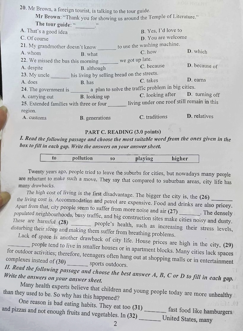 Đề thi vào lớp 10 môn Anh Thanh Hóa 2025