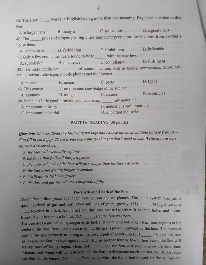 Đề thi vào lớp 10 môn Anh Thanh Hóa 2022 chuyên Lam Sơn