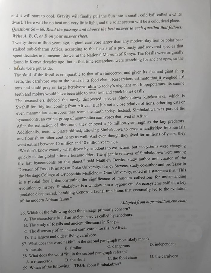 Đề thi vào lớp 10 môn Anh Thanh Hóa 2022 chuyên Lam Sơn