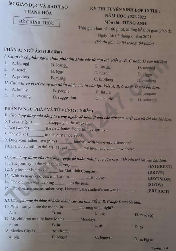 Dap an de thi mon Anh vao lop 10 - tinh Thanh Hoa 2021