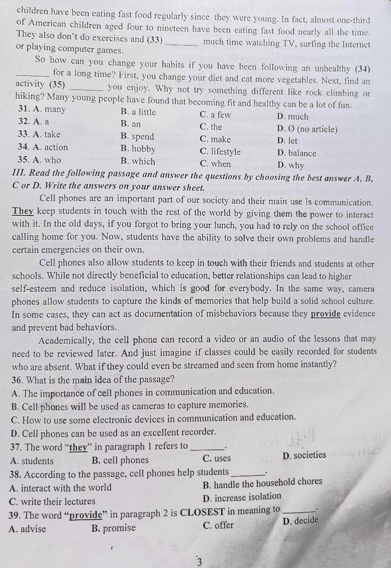 Đề thi vào lớp 10 môn Anh Thanh Hóa 2025