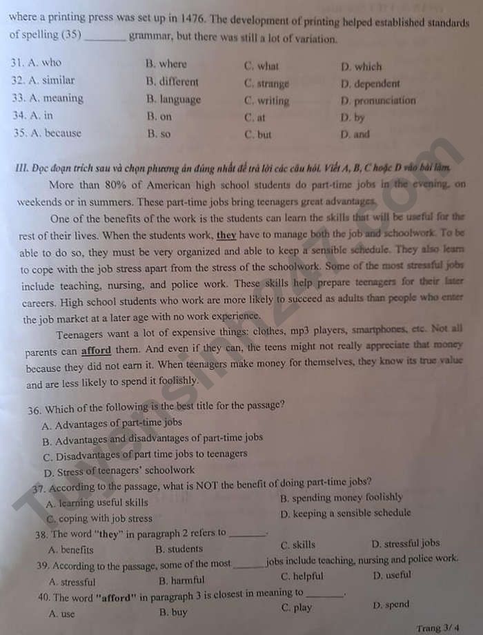 Dap an de thi mon Anh vao lop 10 - tinh Thanh Hoa 2021