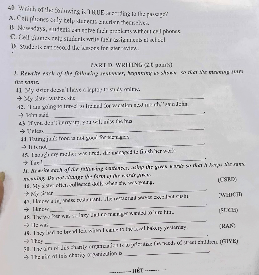 Đáp án đề Anh vào 10 Thanh Hóa 2024