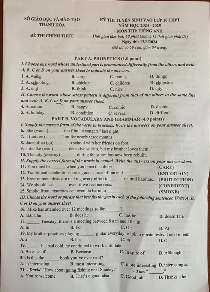 Đề thi tuyển sinh lớp 10 môn tiếng Anh Thanh Hóa 2024
