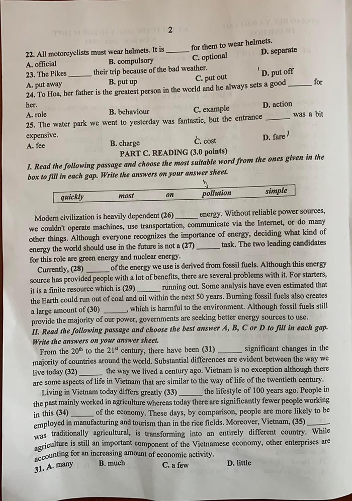 Đề thi tuyển sinh lớp 10 môn tiếng Anh Thanh Hóa 2024
