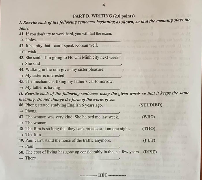 Đáp án đề Anh vào 10 chuyên Lam Sơn 2024