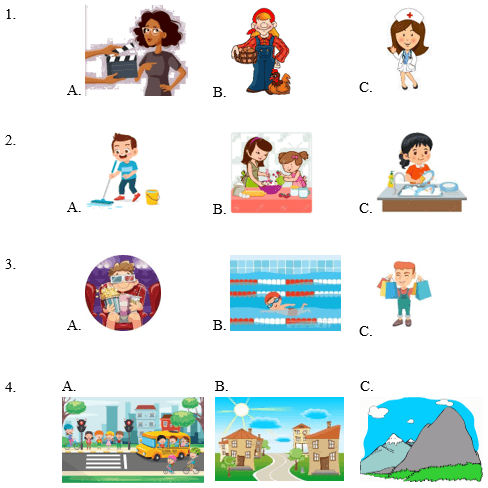 Đề thi tiếng Anh lớp 4 giữa học kì 2 yêu cầu nghe và khoanh tròn vào bức tranh đúng.